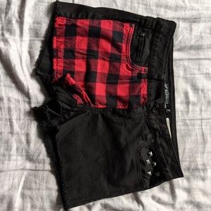 Studded Split Red Plaid and Black Shorts